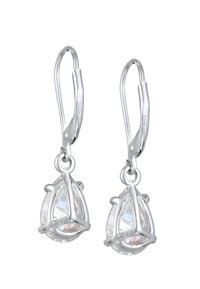 Silberne Ohrhänger mit offenen Ösen, die über einen tropfenförmigen klaren Edelstein in einem geometrischen Drahtgestell-Design verfügen. Besitzt ein poliertes metallisches Finish.