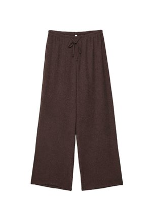 Pantalon marron foncé à jambes larges avec une taille élastique et un cordon de serrage à l'avant, présenté à plat sur fond blanc.