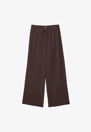 Pantalon marron foncé à jambes larges avec une taille élastique et un cordon de serrage à l'avant, présenté à plat sur fond blanc.