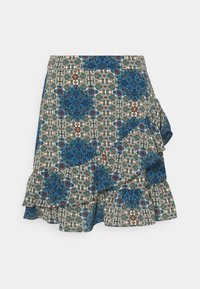 Jupe portefeuille longueur genoux avec ourlet à volants superposés, ornée de motifs floraux géométriques bleus, verts et bruns sur fond crème.