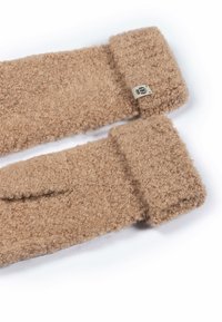 Helle, strukturierte fingerlose Handschuhe aus weichem, flauschigem Material, mit einem umgeschlagenen Bündchen und einem kleinen Etikett mit einem Logo.