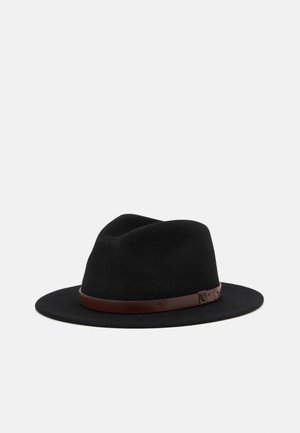 Black felt fedora hat with a wide brim, featuring a brown leather band around the base, smooth texture, and a slightly creased crown.