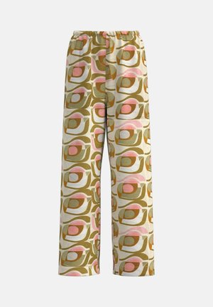 Wijd uitlopende broek met patroon in crème, met een retroprint van groene, oranje en roze vormen. Elastische tailleband voor extra comfort.