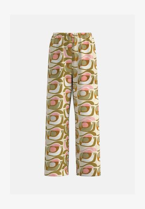 Wijd uitlopende broek met patroon in crème, met een retroprint van groene, oranje en roze vormen. Elastische tailleband voor extra comfort.