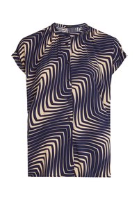 Blusa a maniche corte in navy e crema, con un motivo a linee ondulate e chiusura a bottoni sul davanti. Realizzata in tessuto leggero.