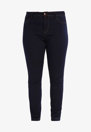 Jūras zila skinny džinsu bikses, kas izgatavotas no denima, ar pogu un rāvējslēdzēju, priekšējām kabatām, aizmugurējām kabatām un kontrastējošiem šuvuma detaļām.