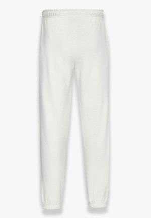 Hvide svedbukser med elastisk talje, elastiske manchetter og en glat bomuldsstruktur uden synlige mønstre eller accenter.