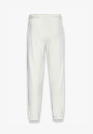 White sweatpants featuring an elastic waistband, elastic cuffs, and a smooth cotton texture with no visible patterns or accents.