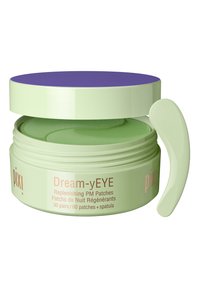 Grüner Behälter mit Dream-yEYE Replenishing PM-Patches und lila Deckel, enthält einen Spatel, beschriftet für 30 Paar, glatte Textur.