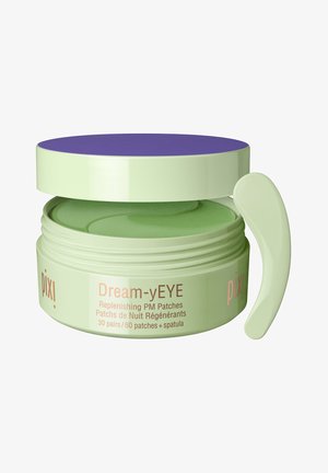 Contenitore verde di Dream-yEYE Replenishing PM patches con coperchio viola, include spatola, etichettato per 30 paia, texture liscia.