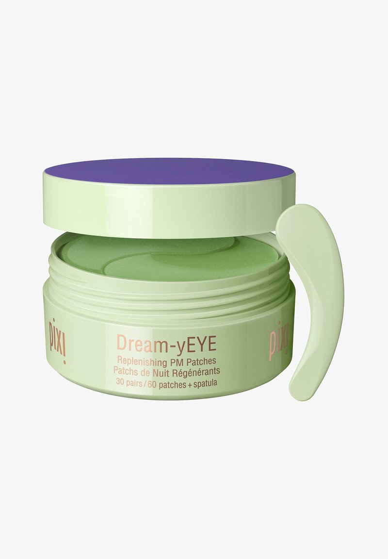 Groene container van Dream-yEYE Replenishing PM patches met een paarse deksel, inclusief spateltje, gelabeld voor 30 paar, gladde textuur.