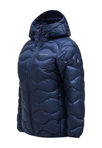 Navyblaue gepolsterte Jacke mit Kapuze, ausgestattet mit einem gesteppten Wellenmuster, Frontreißverschluss und verstellbaren Kordeln am Kragen.