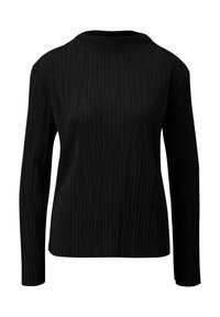 Chemise noire à manches longues avec un motif plissé vertical texturé, col rond et ourlet droit.