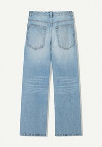 Light blue wide-leg jeans made of denim, featuring a high waist, two back pockets, and subtle fading along the legs.