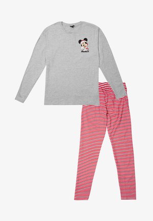 Gray long-sleeve top featuring a Mickey Mouse graphic, paired with red and white striped leggings, both made of soft cotton fabric.