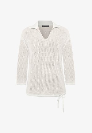 Witte gebreide trui met lange mouwen, open kraag, gestructureerd patroon en een koordje aan de onderzoom aan de rechterkant.