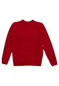 Pullover rosso a maglia con maniche lunghe, orlo e polsini a costine. Texture liscia e colore uniforme, con scollo rotondo e senza motivi visibili.