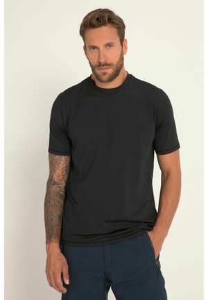 Schwarzes T-Shirt mit kurzen Ärmeln aus glattem Stoff, mit einem runden Halsausschnitt und einer lässigen Passform. Keine sichtbaren Muster oder Hardware-Details.