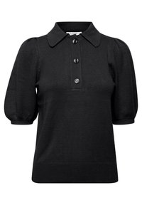 Polo corto a maniche corte in maglia nera con colletto classico, tre bottoni e maniche leggermente voluminose con fondo aderente.