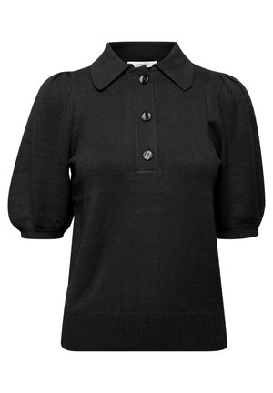 Schwarzes gestricktes Poloshirt mit kurzen Ärmeln, klassischem Kragen, drei Knöpfen und sanft gepufften Ärmeln mit einem taillierten Saum.
