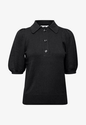 Must-haves hõlmadega musta soonikuga polo särk, millel on klassikaline krae, kolm nuppu ja kergelt paisutatud varrukad, sobides kenasti alla.