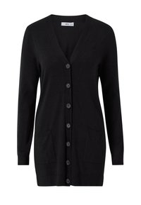 Zwarte cardigan met een V-hals, lange mouwen en zes voorknokjes. Voorzien van twee voorkanten zakken en geribbelde accenten bij de mouwen en de zoom.