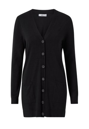 Sort cardigan med V-hals, lange ærmer og seks knapper foran. Har to frontlommer og ribbede detaljer ved manchetter og kant.