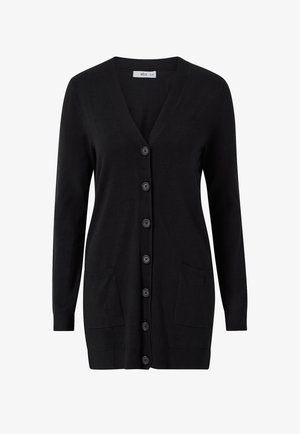 Cardigan nero con scollatura a V, maniche lunghe e sei bottoni frontali. Presenta due tasche frontali e dettagli a coste ai polsini e all'orlo.