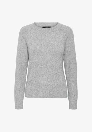 Lys grå sweater lavet af blødt materiale, med en klassisk rund halsudskæring og lange ærmer. Glat tekstur med ribstrikkede manchetter og kant.
