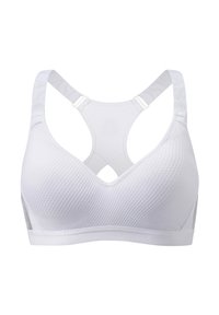 Bra wireless bianco con tessuto testurizzato, design a V e spalline incrociate. Presenta spalline regolabili e un piccolo dettaglio a taglio.