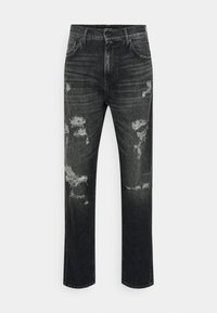 Tummanharmaat farkut suoralla lahkeella, joissa on kulutettu yksityiskohtia ja repsottavia kohtia. Klassinen viiden taskun muotoilu ja vyölenkit.