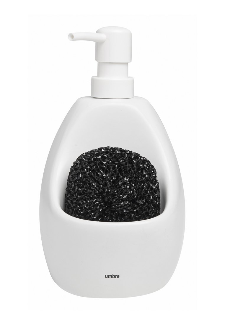 Distributore di sapone con corpo in plastica bianca e supporto in spugna nera texturizzata. Design elegante e arrotondato con un pulsante superiore per un uso facile.