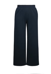 Marinblå vida byxor i mjukt tyg, med resårmidja och utan synliga sömmar eller fickor.