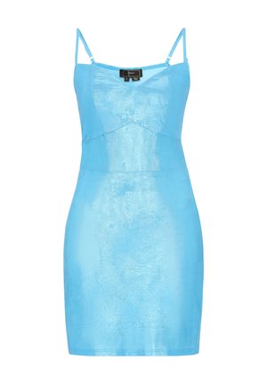 Lesklé světle modré minis šaty bez rukávů s tenkými nastavitelnými ramínky a přiléhavým střihem.