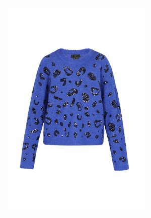 Blå strikket sweater med rund hals, der har sorte paillet leopardprint detaljer overalt. Lange ærmer og en kort afslutning.