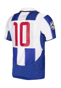 Blauw en wit voetbalshirt met verticale strepen, heeft een rode nummer 10 op de achterkant en een zwart circulair logo op de linkermouw.