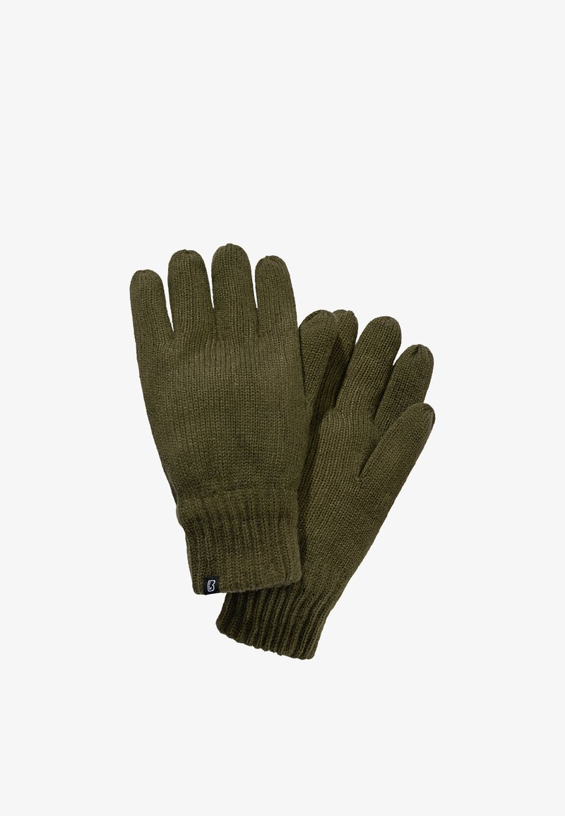 Paire de gants tricotés vert olive avec poignets côtelés, posés en chevauchement sur fond blanc.