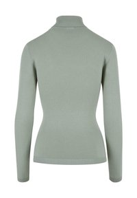 Hellgrüner, gerippter Rollkragenpullover, taillierte Passform mit langen Ärmeln und einer subtilen Textur. Schlichte, saubere Verarbeitung am Saum und an den Bündchen.
