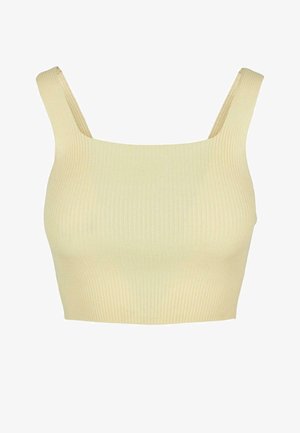 Rebrovaný crop top vo svetložltej farbe, s tenkými ramienkami a priliehavým strihom. Textúra je hladká s jemnými vertikálnymi prúžkami.