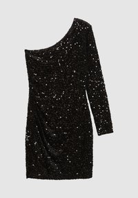 Abito mini nero con spalla scoperta e manica lunga, completamente ricoperto di piccole paillettes nere riflettenti su uno sfondo semplice.