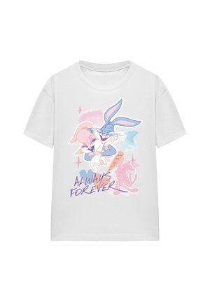 White t-shirt with cartoon rabbits hugging and the text "Always Forever" in purple, with pastel pink and blue background shapes.
