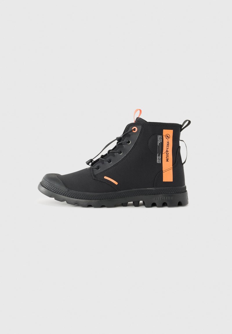 Black ankle boots made of synthetic material with orange accents, rounded toe, lace-up front, rubber sole, and pull tab on the heel.