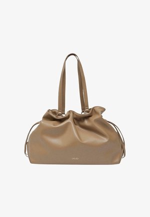 Bolso de cuero marrón suave con dos asas largas y el sutil logo "LIU JO" centrado cerca de la parte inferior.