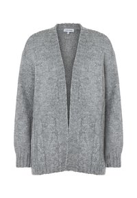 Graue gestrickte Strickjacke mit V-Ausschnitt, offenem Vorderteil und strukturiertem Zopfmuster an Ärmeln und Seiten, mit gerippten Bündchen und Saum.