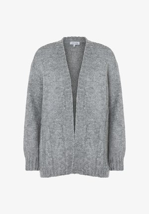 Graue gestrickte Strickjacke mit V-Ausschnitt, offenem Vorderteil und strukturiertem Zopfmuster an Ärmeln und Seiten, mit gerippten Bündchen und Saum.