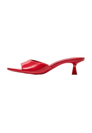 Red patent leather open-toe mules with a sleek design and a low, flared heel. The upper features a wide front strap and smooth texture.