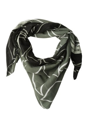 Foulard carré plié en triangle, avec des motifs géométriques abstraits en noir, vert olive et blanc.