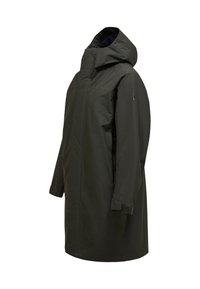 Donkergroene waterdichte parka met een capuchon, voorzien van lange mouwen, verstelbare manchetten en een losse pasvorm voor comfort. Gladde textuur met een matte afwerking.