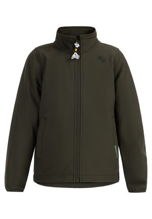 Mørkegrøn softshell jakke med høj krave, frontlynlås og to sidelommer. Har et logo på brystet og en dekorativ lynlåsdrager.