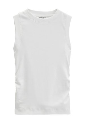 Ärmelloses weißes geripptes Tanktop mit Rundhalsausschnitt, aus weichem Stoff, mit Marc O'Polo-Label innen im Kragen.
